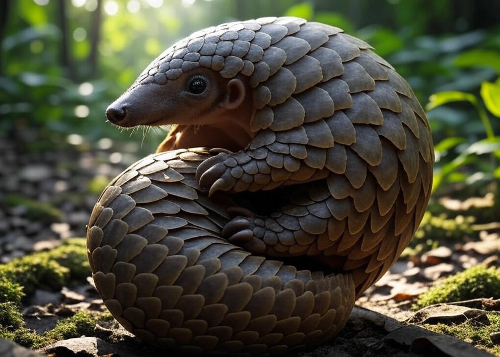 pangolin curled in a ball in a forest